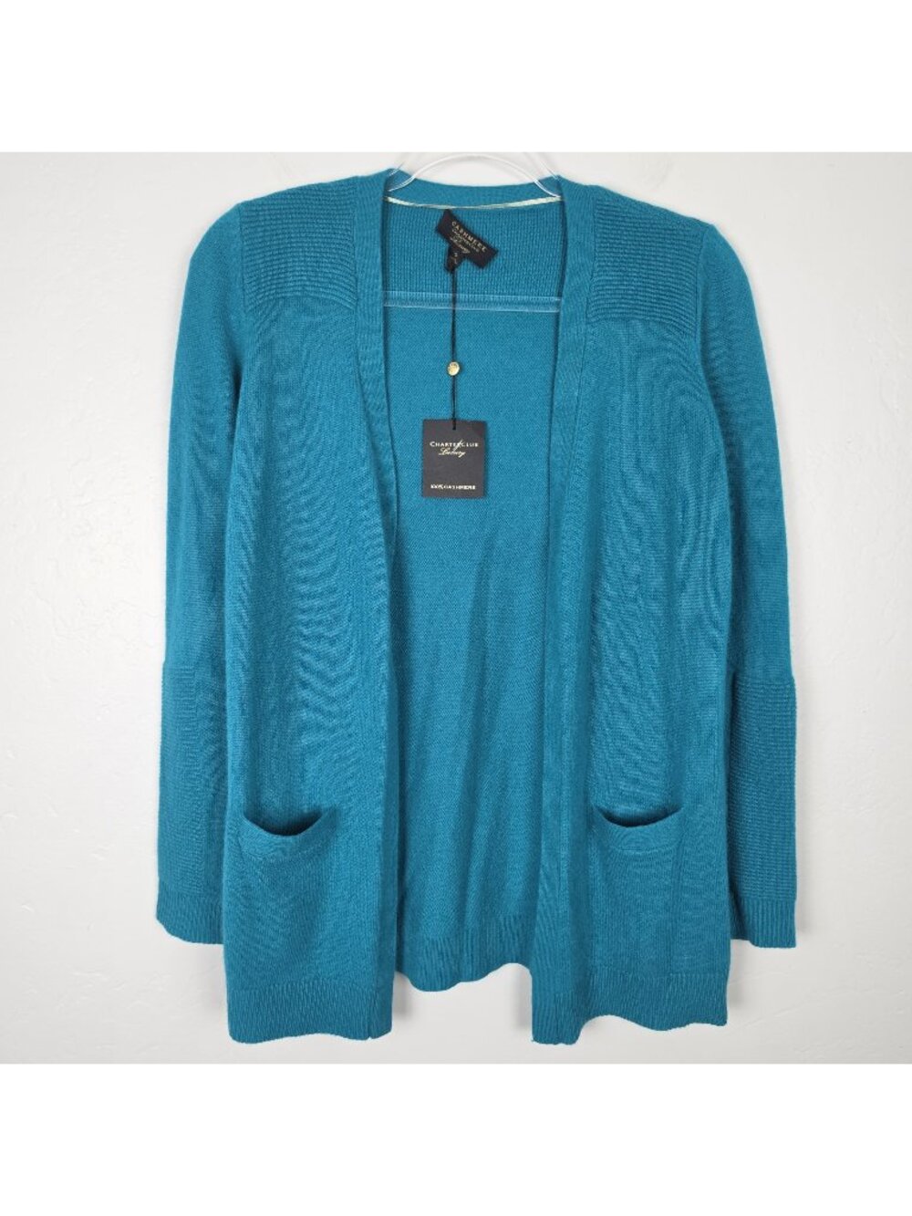 Charter Club Cashmere Cardigan Open Front Pockets Teal Green Blue Size S NWT